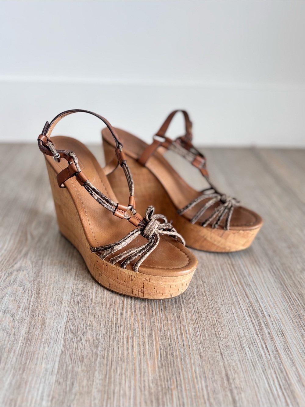 Coach Georgiana Brown Leather Snakeskin Strappy Cork Wedge Sandals Size 9B